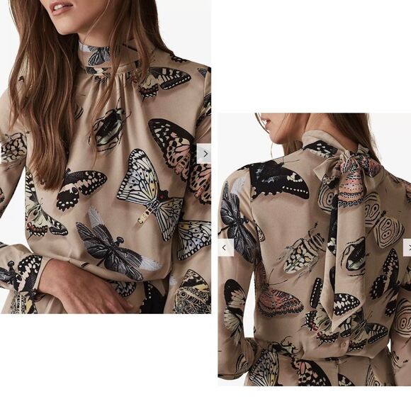 Reiss Gail Butterfly-Print high neck tie Romper beige multicoloured Sz 10 NWOT - Picture 3 of 16